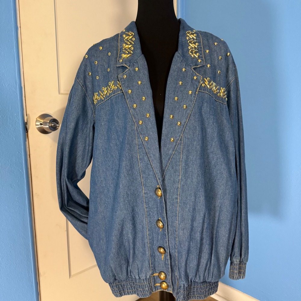 Saint Germain Paris VTG Denim Jacket Gold Studded Western Glam Retro Americana